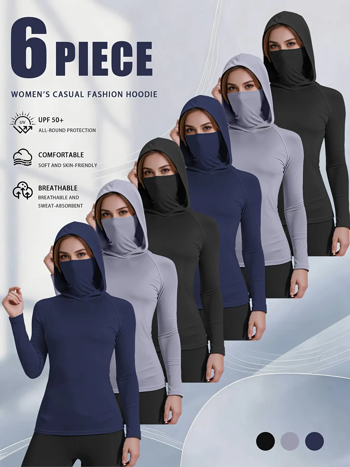 6 Pack Women's Sun Shirt With Hood & Face Mask, UPF 50+ UV Protection Long Sleeve Cycling Hiking Shirt, Lightweight Breathable Activewear