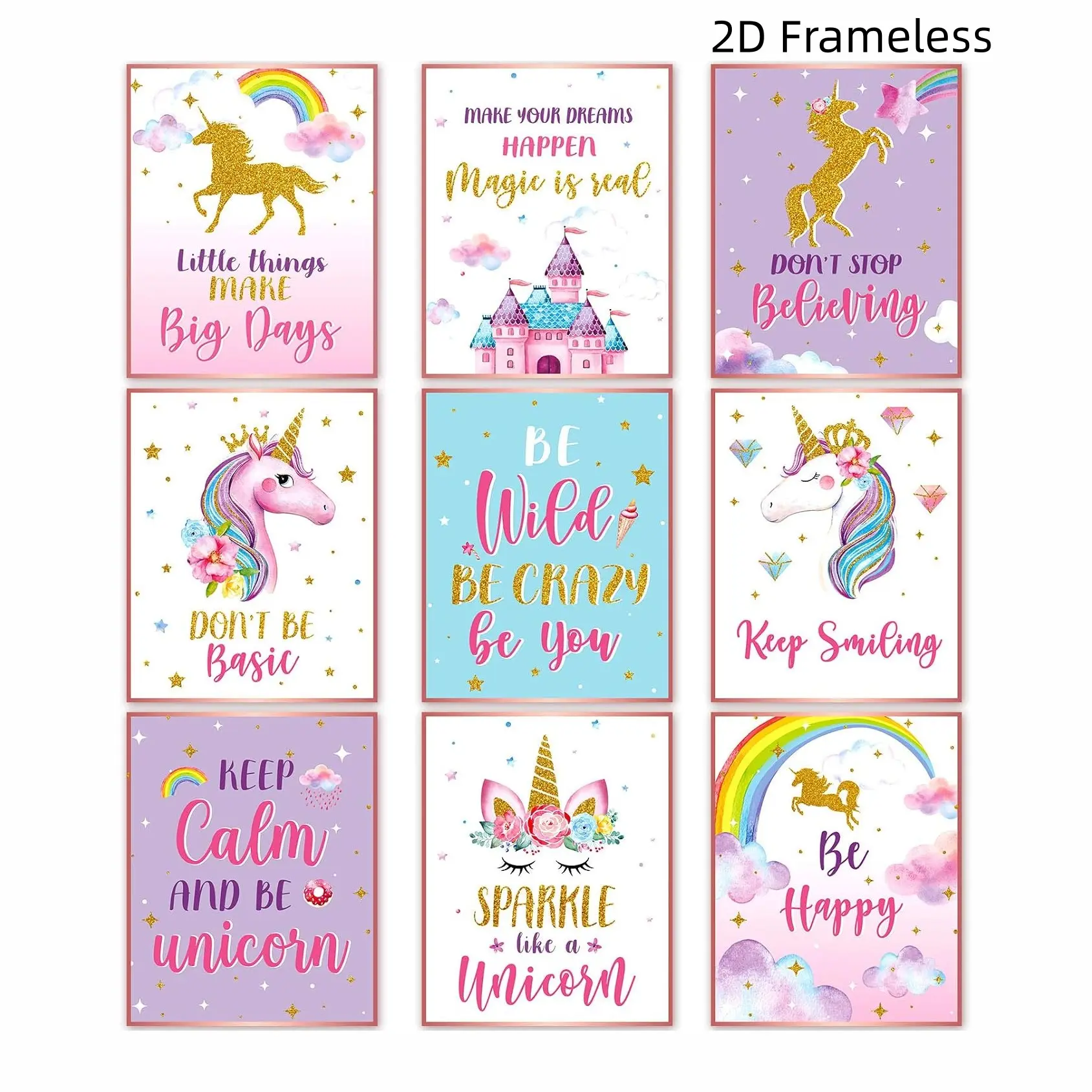 9-piece set, Unicorn Wall Art Set, featuring inspiring unicorn art prints and watercolor Floral rainbow flower posters—perfect for adorning children’s rooms, teen bedrooms, nurseries, and schools. A delightful gift, sold unframed.