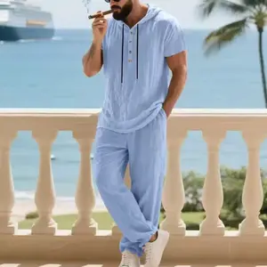 Men's 2-Piece Matching Menswear Linen-Style Hooded Outfit - Breathable Shortsleeve Henley Top with Hem & Loose-Fit Relaxed Drawstring Pants Set for Beach, Daily Wear