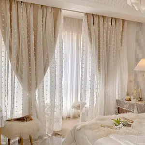 French Romantic Cream Color Curtain, Double Layer Sheer Embroidered Dots, Girls Bedroom Living Room Blackout Fabric, European Style