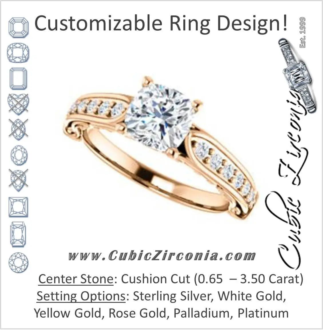 Cubic Zirconia Engagement Ring- The Martha (Customizable Cushion Cut Setting with Pavé Three-sided Band and Peekaboos)