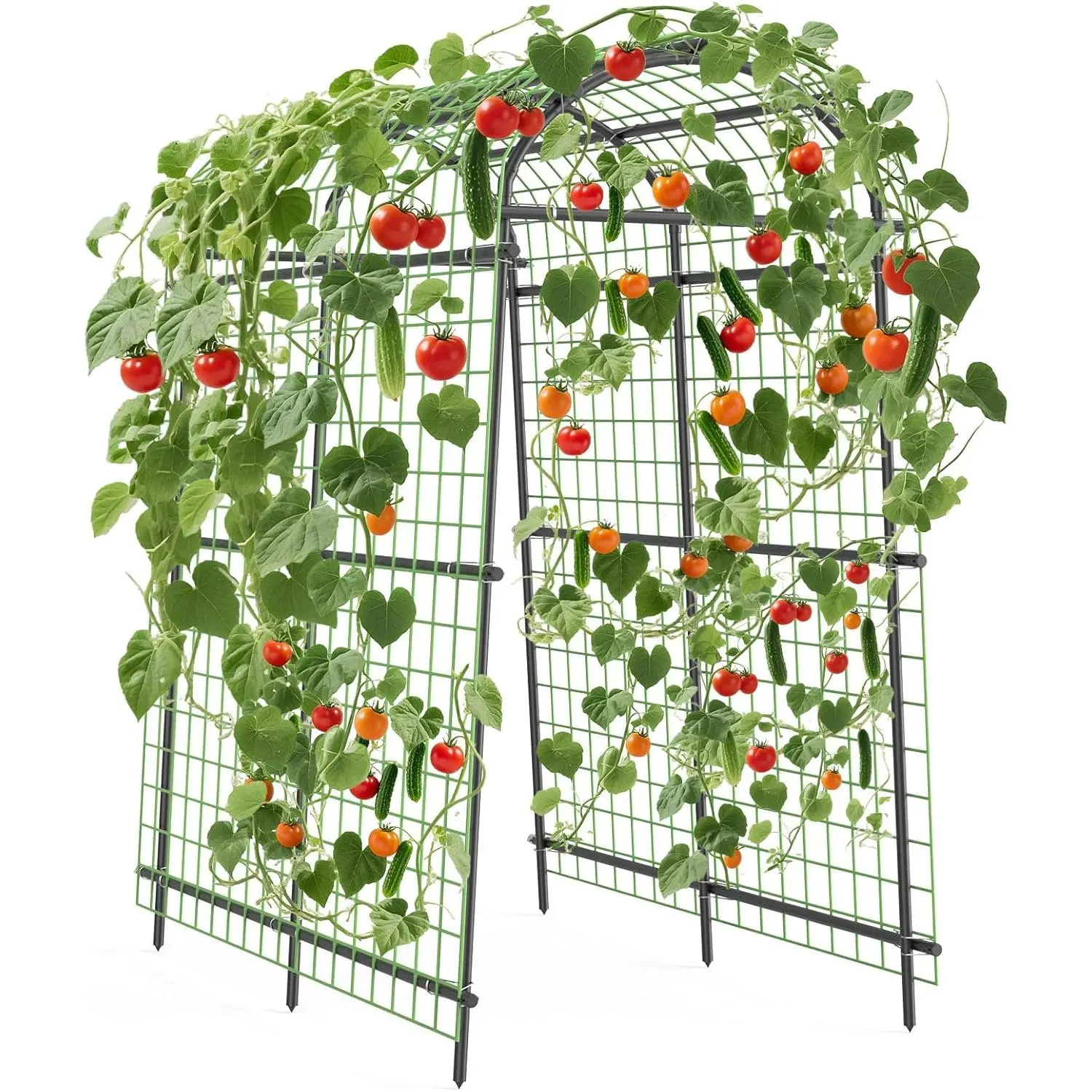 7.5FT Heavy-Duty Stainless Steel Garden Arch Trellis with Netting & Ground Spikes, Black Rustproof Polyethylene Coated, Adjustable Width Plant Support for Raised Garden Beds, Weddings, Parties, Growth Support, Supports Growth