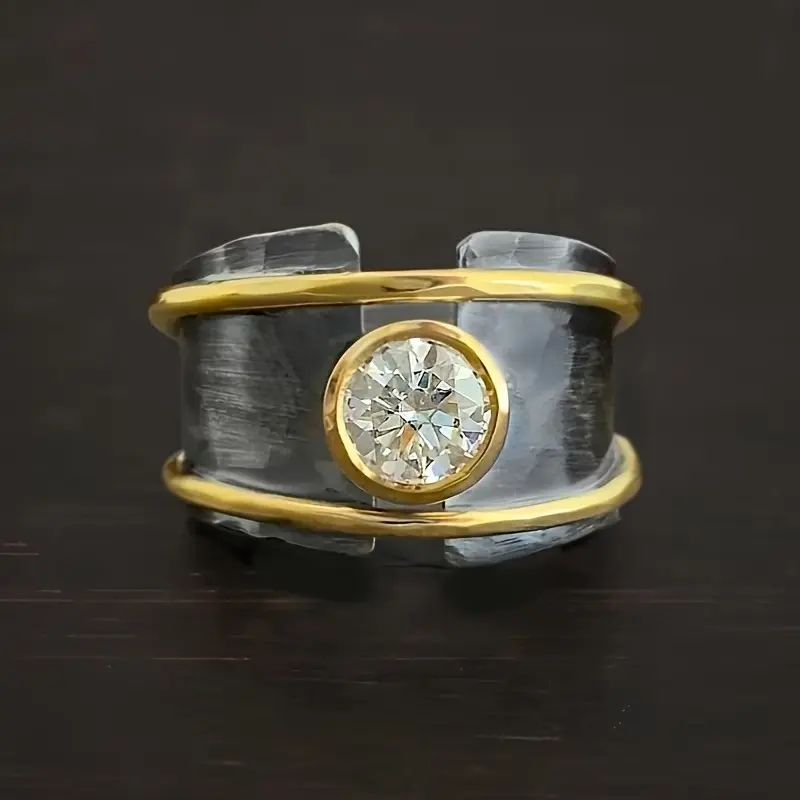 Vintage two-tone metal ring, vintage handcrafted, simple wide-faced ring, inlaid with round-cut synthetic zircon, industrial style with a tough and rugged look, an exquisite and simple accessory for daily wear, a gift for her.