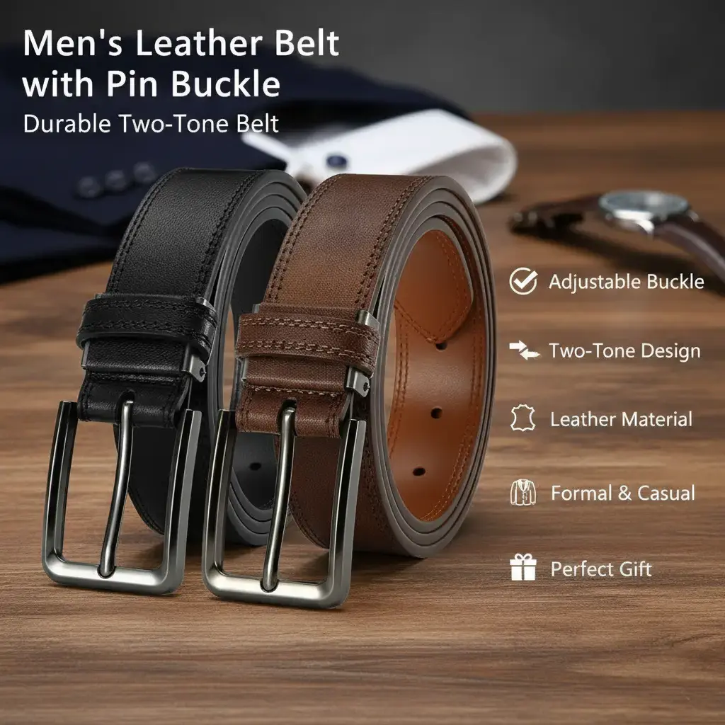 Men’s leather belt with a pin buckle featuring an adjustable classic rectangular head and a double-sided two-tone design; a durable, casual yet formal dress belt suitable for various occasions—an excellent gift for Valentine’s Day and Father’s Day.