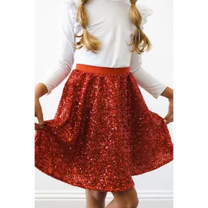 Red Sequin Twirl Skort - Cute Girls' Gathered Skirt Skort with Elastic Waist - Sparkly Summer Outfits - Perfect For Party ,Birthday & Easter - Kids Fashion