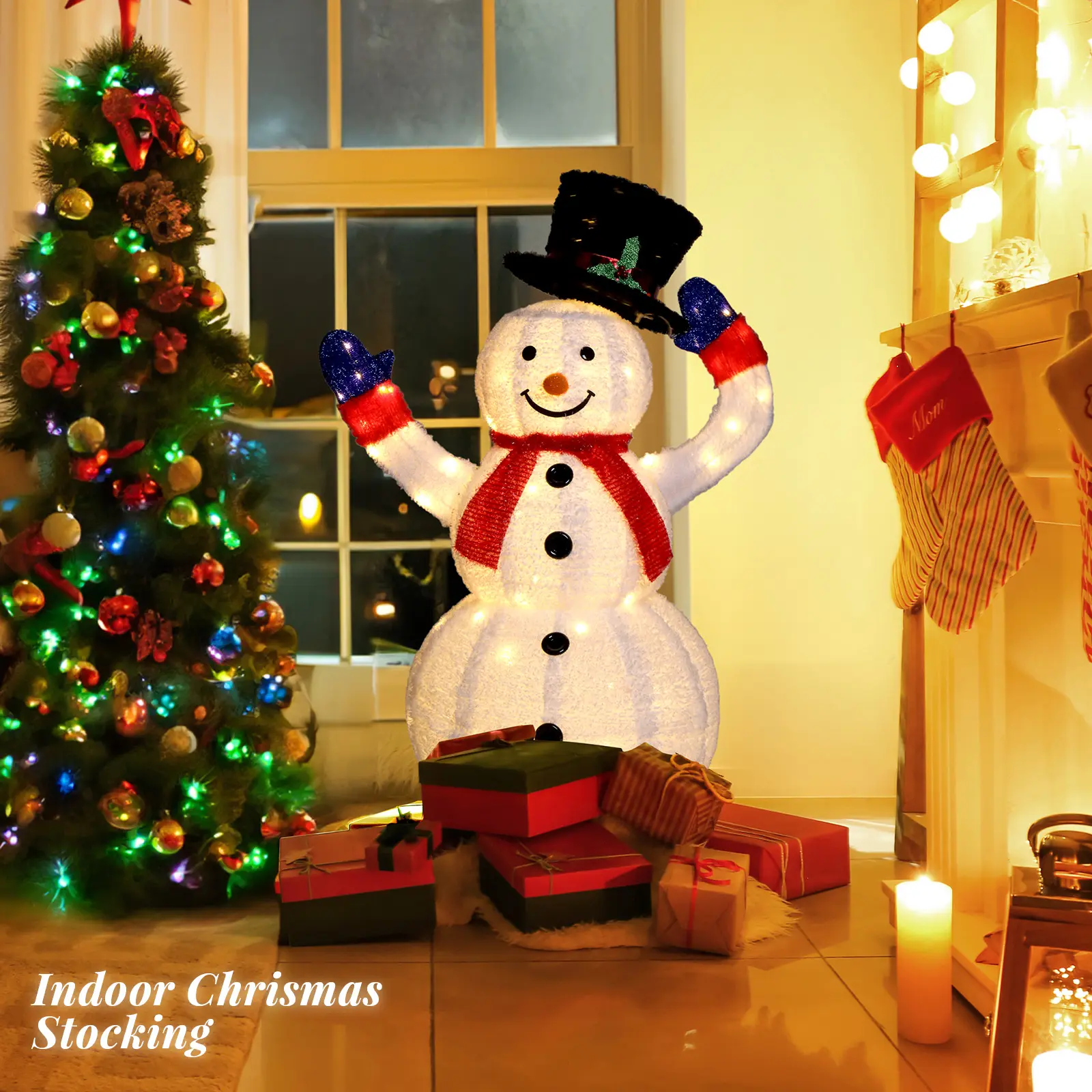 4FT Auto-Waving Outdoor Snowman Christmas Decorations, Lighted Pop Up Snowman w/120 LED Lights, Moving Hat, Red Scarf, Ground Stakes for Indoor, Yard, Outside Xmas Decor