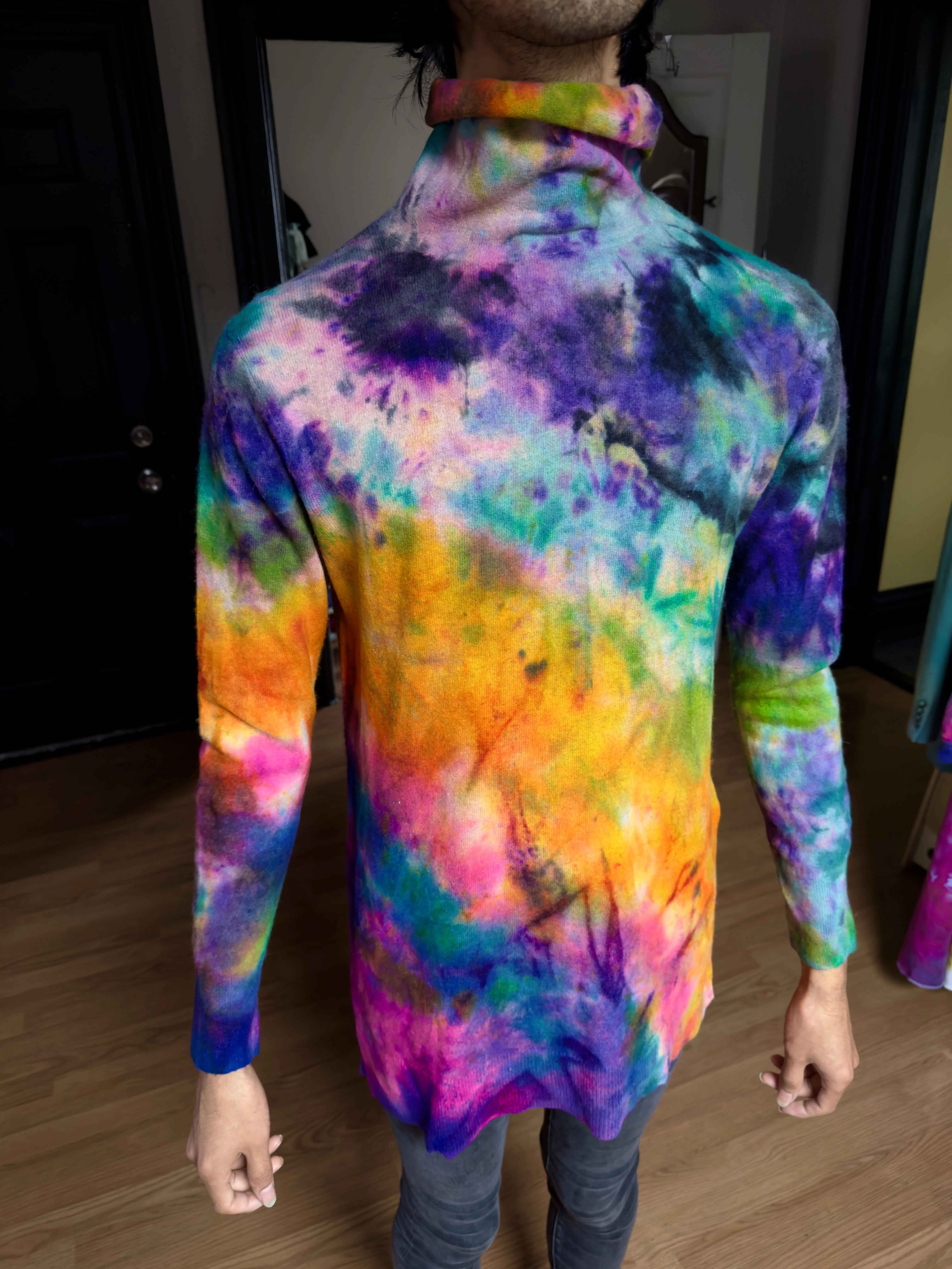 M- Wool women's Turtleneck Sweater with side slits , soft stretchy streetwear tie dye sweatshirt