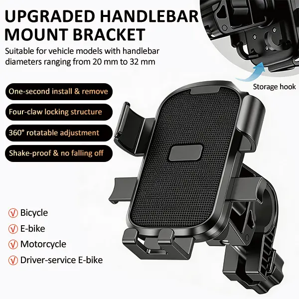 E-Bike Phone Mount - Anti-Shake Stabilizer, 360° Rotatable Quick-Release Handlebar Clamp, Ebike Accessories for 4.5"-7.1" Phones, Essential Cycling Accessory