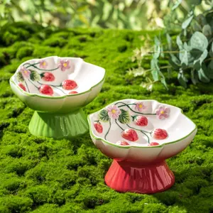 Ceramic Strawberry Slow Feed Bowl with High Feet Design, Elevated Slow Feeder, Anti-Gag and Anti-Spill Cat Feeding Bowl, Neck Support for Cats and Kittens