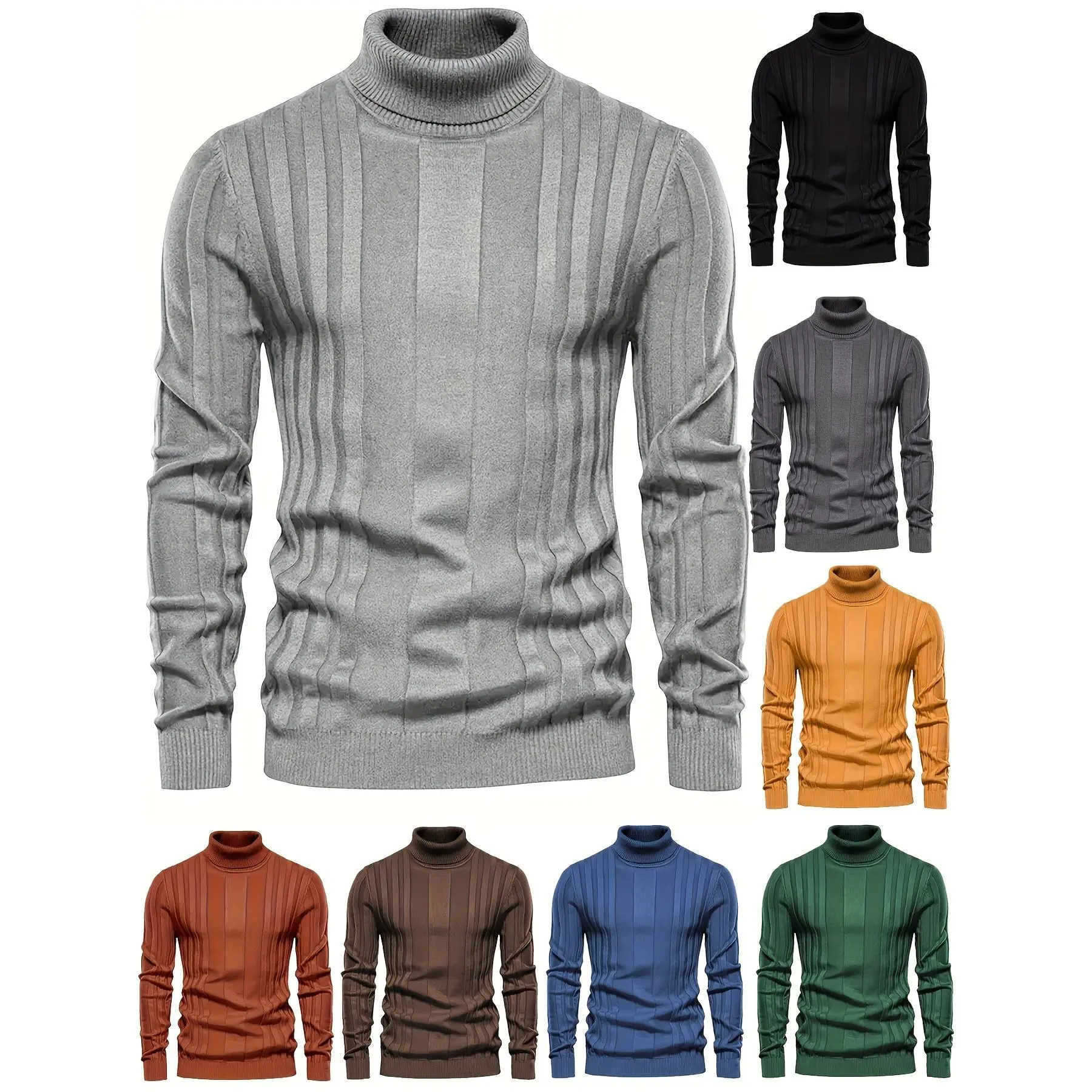 Turtleneck Knitted Sweater, Men's Casual Warm Solid High Stretch Pullover Sweater For Fall Winter