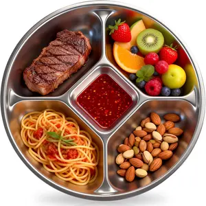 5 Compartments 8.5'' Stainless Steel Divided Plates for adults, Metal Dinner Plate Tray for/, Lightweight Reusable Dinnerware Portion Control-1pack