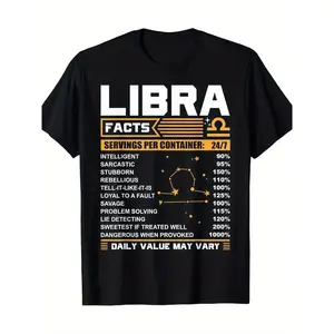 1pc Libra Zodiac Facts Printed T-Shirt -  Cotton, Casual Street Sports Outdoor Crew Neck Tee, Breathable Moisture-Wicking, Slight Stretch, Flared Hem, Digital Heat Transfer, for Men & Teens, Four Seasons,  double print   Vintage Metalcore Graphic