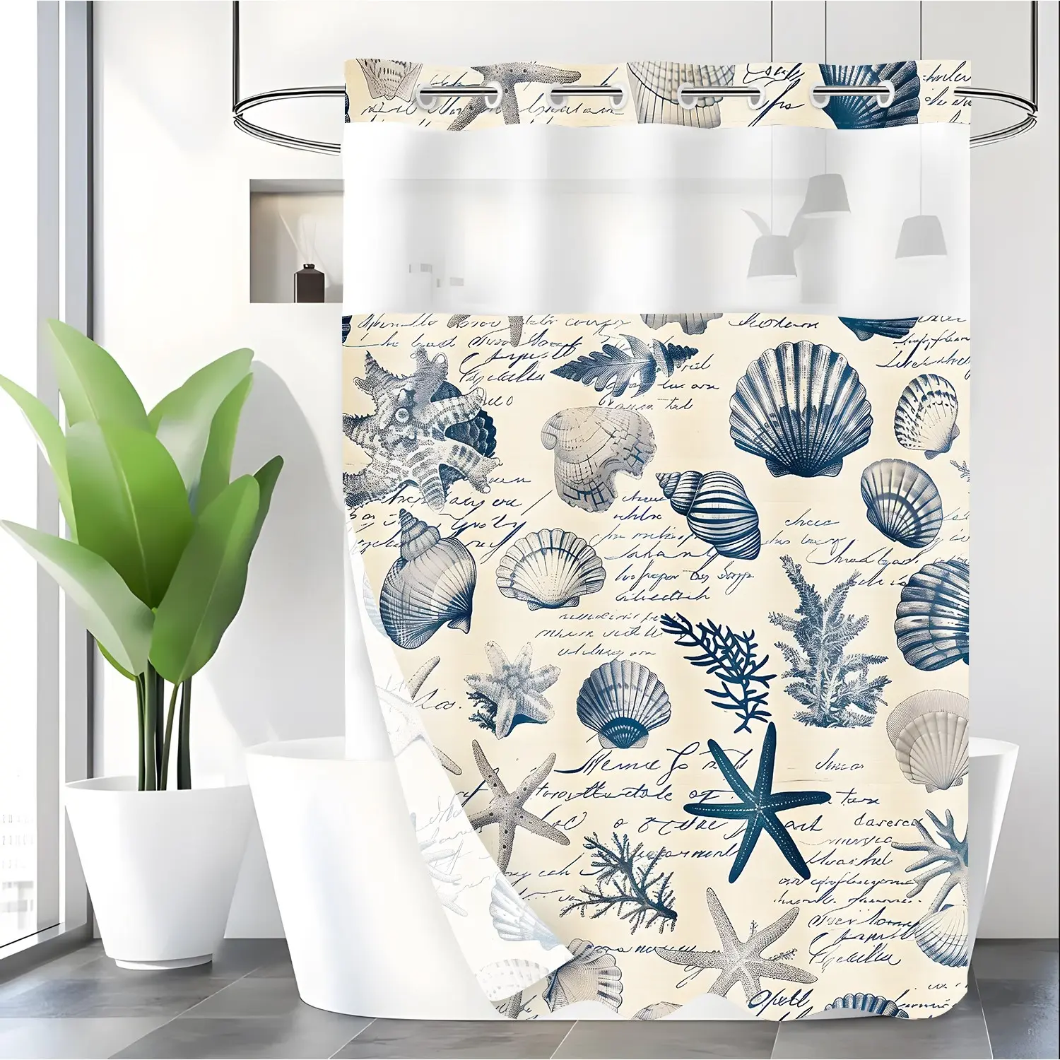 LVRLVR 1pc Coastal Vintage Seashell Print Shower Curtain with Sheer Top Window, Detachable Liner & No Hook C-Ring, 70.8" x 74" Summer Shower Curtains For Bathroom