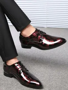 Men's Large Size 4 Colors Leather Shoes, Printed Glossy Pointed Toe, Fashion Classic British Style, Business Casual Office Work Shoes