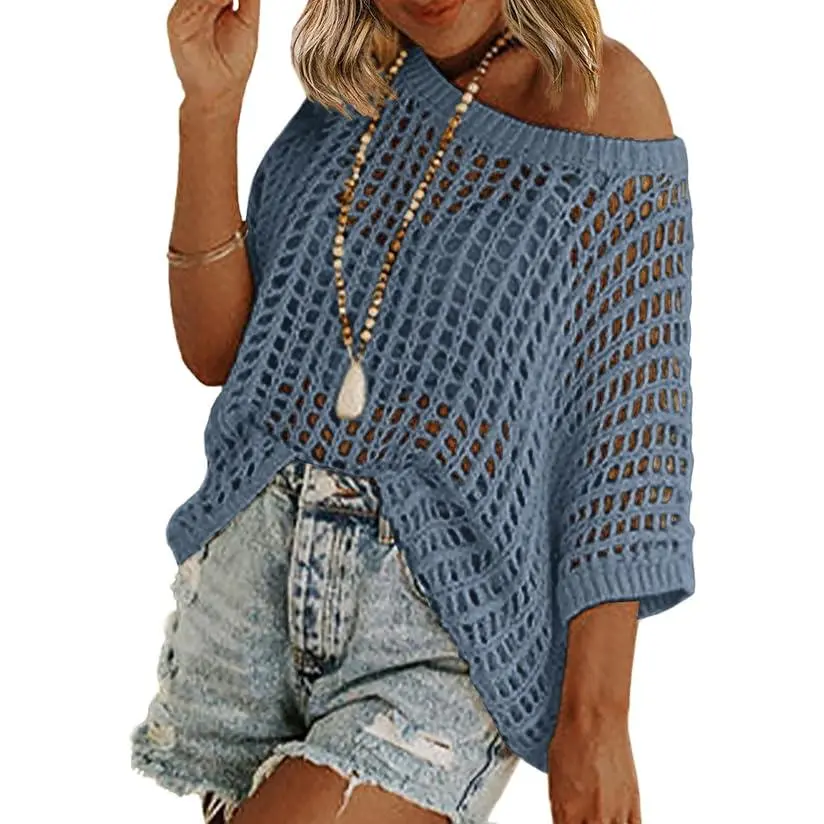 Women's Sexy Crochet Knitwear Sweater, Oversized Hollow Out Fishnet Top, Off-the-Shoulder Short Sleeve Summer Beach Cover Up, Lady, Casual, Women's Clothes, Style, Pullover, Ribbed, Knitting