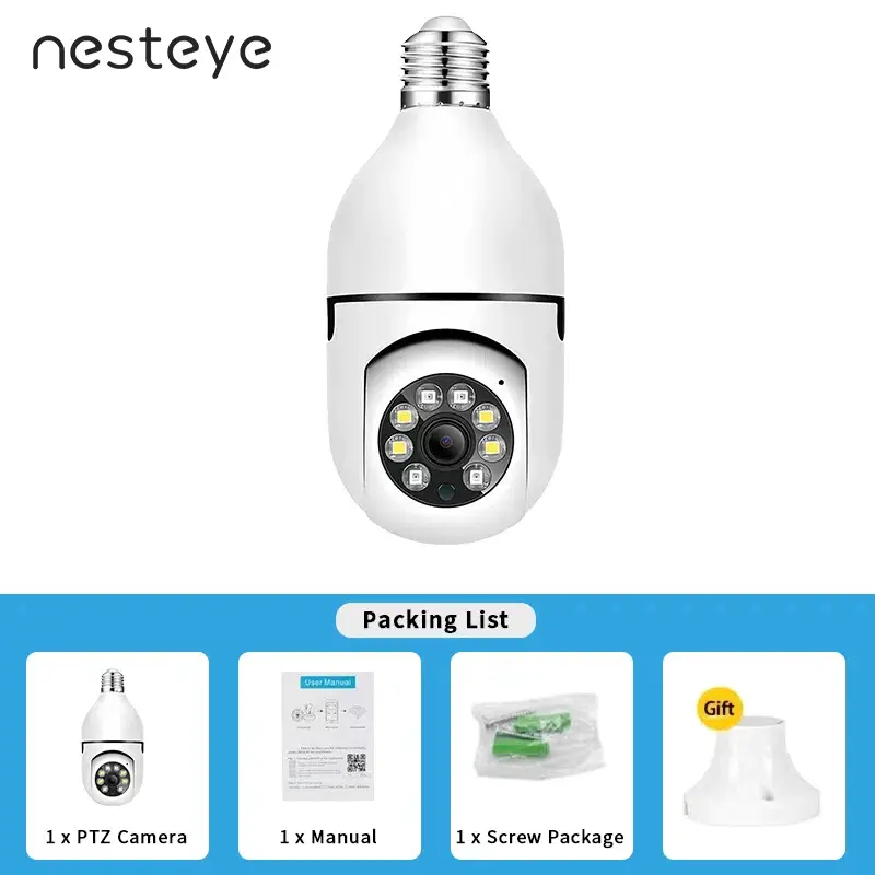 Nesteye Infrared Night Vision, AI Camera, 360°Rotating Night Vision with Full Color Function Light Bulb Security Camera with 3MP HD，  Pan/Tilt,   Surveillance Camera,  Mobile Remote Viewing,  2-Way Audio 360 camara hd system