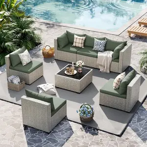[2 packages delivery]UDPATIO Modern Outdoor Greenish Wicker Sofa Set 7-Piece All-Weather PE Rattan Patio Sectional Set with Coffee Table, Outdoor Conversation Set for Patio, Garden, Backyard SpringGardening
