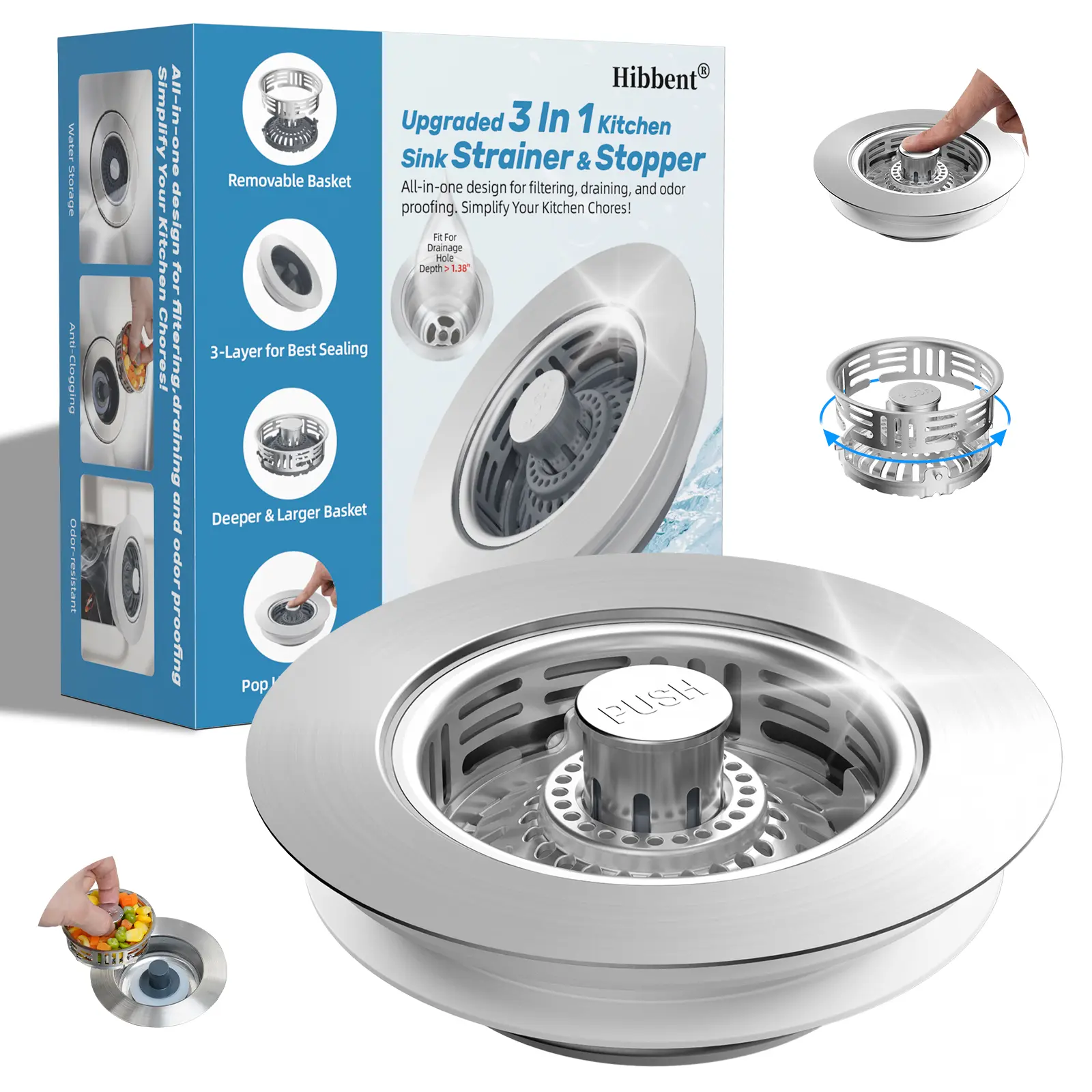 Hibbent Metal Kitchen Sink Drain Strainer and Stopper, Stainless Steel | Upgraded Universal 3 in 1 Pop Up Design, Detachable Larger Anti-Clog Basket, 3-Layer Seal Plug for Standard 3-1/2" Drain