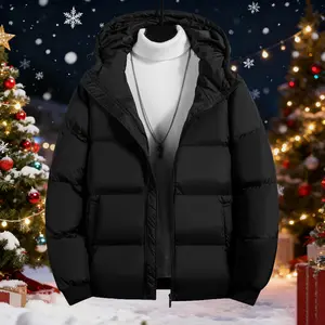Men's Simple Pocket Zipper Thickened Windproof Warm Hooded Jacket, Christmas Gift, Regular Fit Long Sleeve Cotton Shirt Winter Coat, Suitable for Outdoor Casual Daily Commuting Wear, Black Jacket Winter Attire