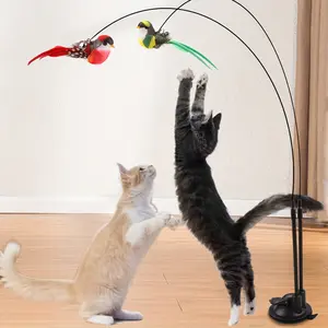 Double-pole lift-free cat toy-hand-simulated bird with feathers, bells and suction cups designed to fit all breeds of kittens Interactive exercise toy, durable polyester blend (random colors)