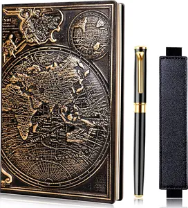 Vintage Map Embossed Leather Notebook Travel Journal-Daily Notepad-Business Notebook-Drawing Notebook, Antique Handmade,Lined Hardcover with a Comfortable-Holding Black Signing Pen(A5)