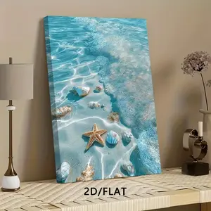 1 piece of 2D flat high-definition print, beach scenery painting with shells and starfish, framed canvas poster, framed canvas painting and poster, ready to hang, home decoration, wall art, room decoration, ideal gift, living room, bedroom, dining room, o