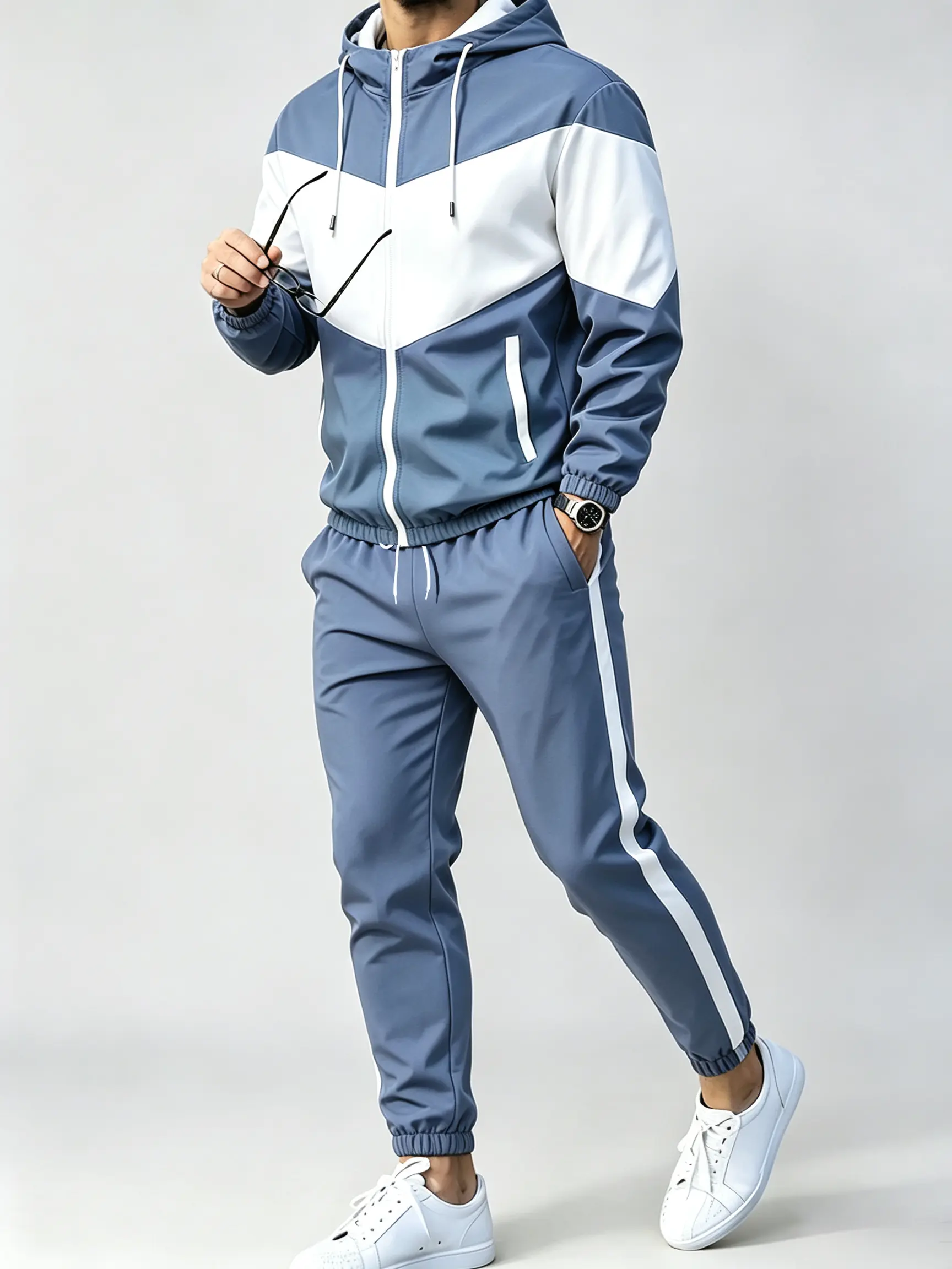 men 2 piece sets  Black & White Color Block Full Zip Hooded Jacket Striped Jogger Pants Casual Sport Outfit