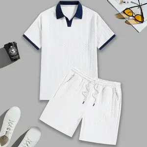 Men's 2-Piece Jacquard Textured Breathable Outfit, Contrast Collar Polo Shirt & Drawstring Waist Shorts Set, Unique Pattern Fabric, Lightweight & Comfortable, Perfect for Daily Wear, Vacation, Weekend Outings and All-Day Summer Comfort
