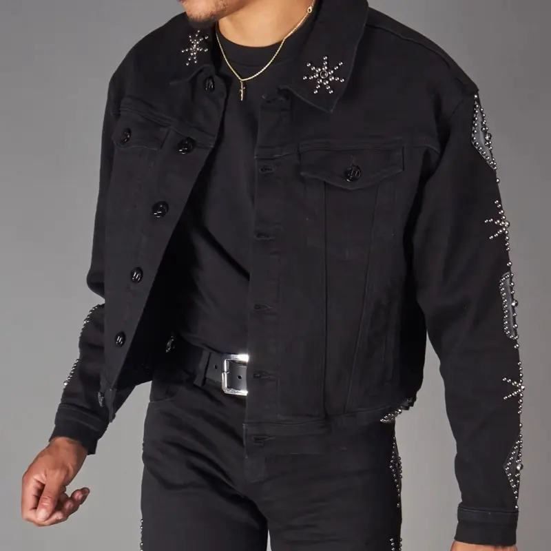 Dope Patch Jackets - Black Denim Jacket with Rhinestone Embellishments and Button Front Design