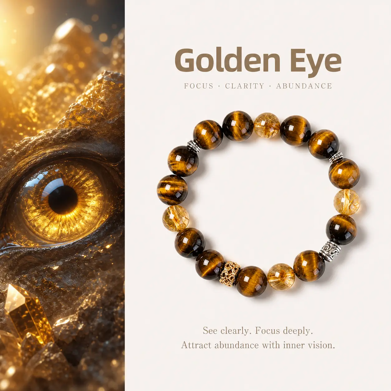 [Golden Eye] crystal bracelet, tiger eye yellow citrine, unisex daily gift, 10mm beads, wealth luck symbol
