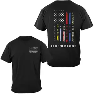 No One Fights Alone T-Shirt, 2 Sides Patriotic First Responder Flag Tee for Men & Women – Military, Police, Firefighter, EMT Support Gift