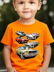 Boys' Summer Breathable & Comfortable "Retro Car" Cartoon Print (3-12Y) Casual Sports T-Shirt