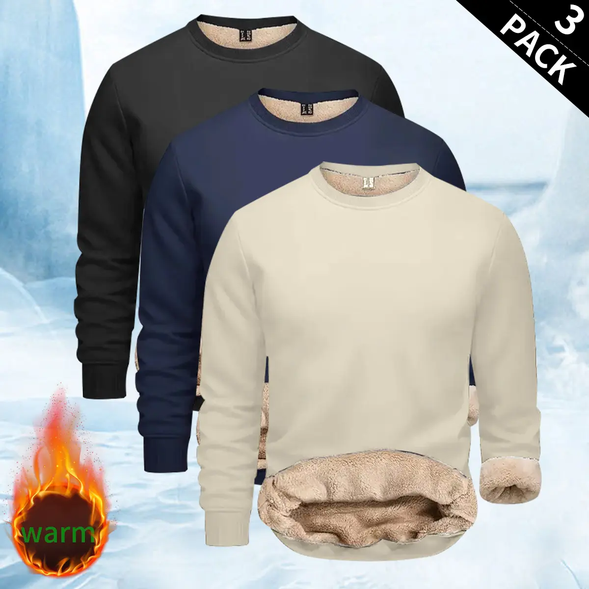 Men's 3-Pack Fitted Round Neck Polyester Fleece-Lined Full-Sleeve Thermal Tops - Autumn-Winter Pull-On Solid Base Layer, New Year Fitness Activewear, Sporty Chic Casual Athletic Tops, Crew Neck, Preppy, Styles To Try