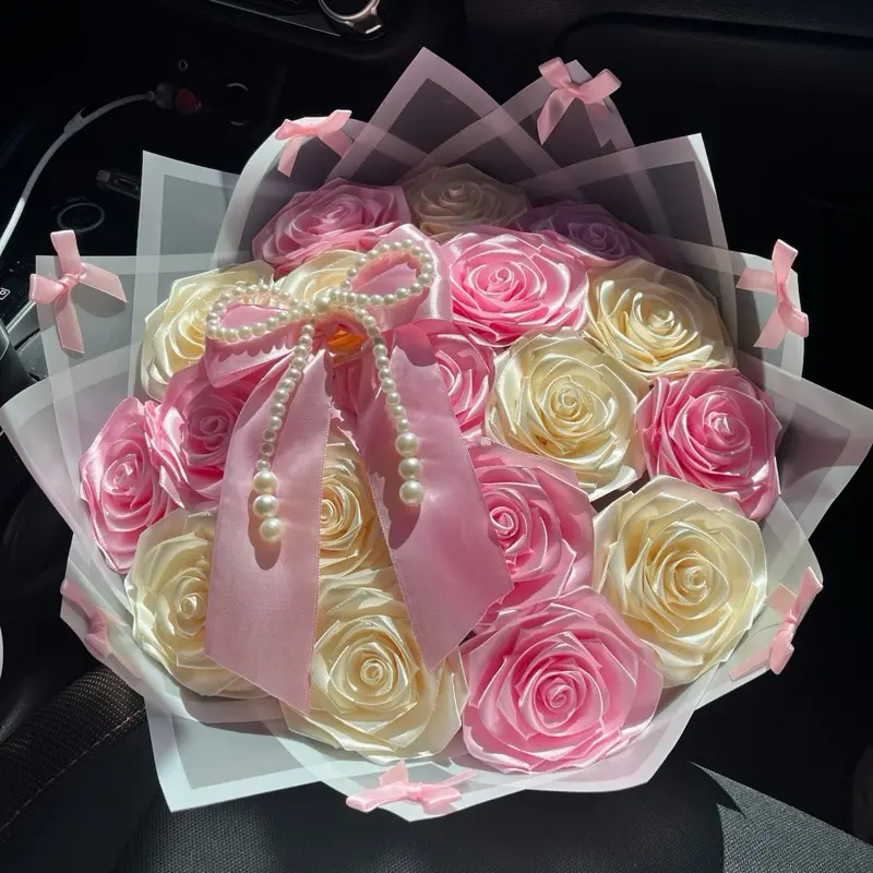 18 count eternal bouquet pink and beige roses with bow decoration
