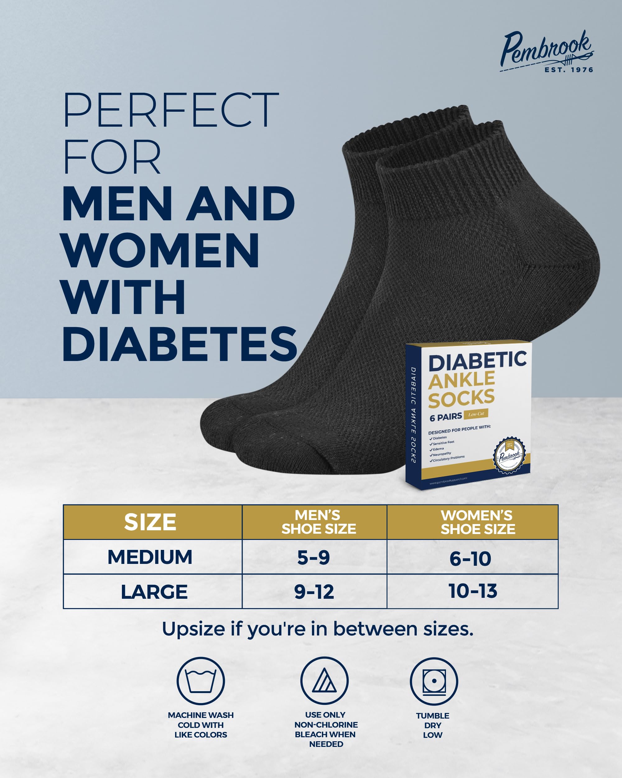 Pembrook Black Low Cut Diabetic Socks | Moisture Wicking Ankle Socks for Men & Women