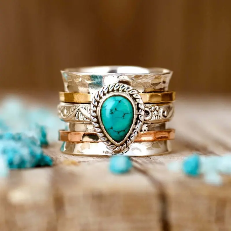 Bohemian Vintage Synthetic Turquoise Plated Tricolor Women'S Ring Wedding Ring Accessories Valentine'S Day Gift Silvery Vintage Wide Band Ring with Gemstones, Elegant & Luxurious, Perfect for Anniversary & Birthday Gifts, Party and Evening Accessory Jade