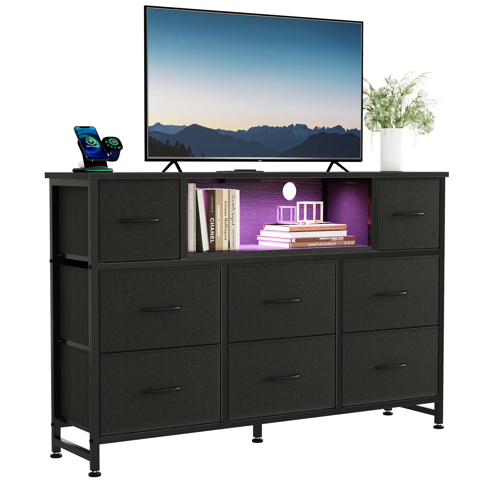 TV Stand Dresser with 8 Fabric Drawers, Media Console for 45-55 inch | LED Entertainment Center with Charging Station, Wood Top and Open Shelves, Bedroom