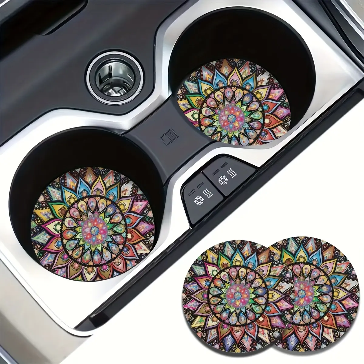 Mandala Flower Pattern Car Coaster, Round Anti-slip Car Cup Holder Coaster, Universal Car Interior Decoration Accessories for Women & Men, Aesthetic Car Accessory, Truck Accessories, Vehicle Decoration, Car Decorations, Car Interior Accessory