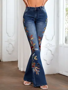 Ladies' personalized floral embroidered jeans, fashionable street style elastic slim fit and slimming flared jeans, versatile blue washed women's pants for daily dates and outdoor leisure