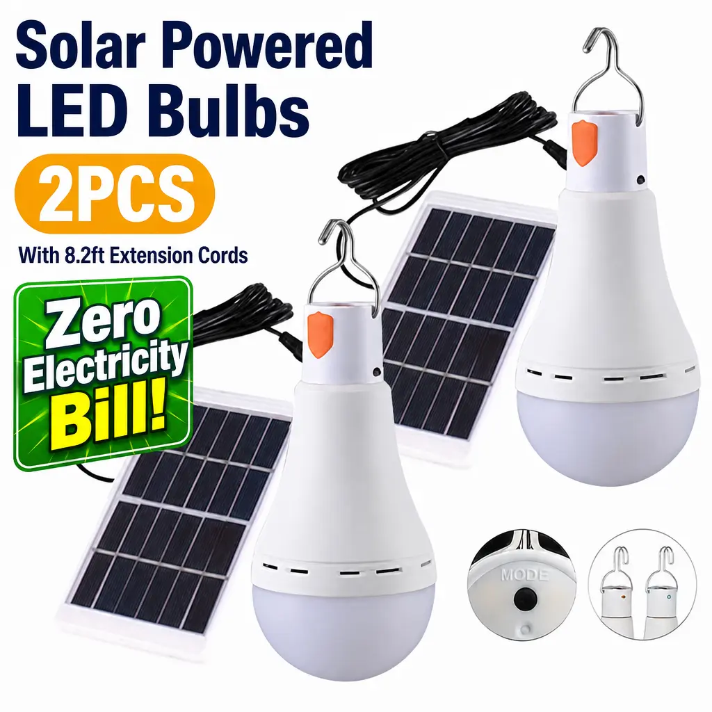 2-Pack Solar-Powered LED Dual Bulbs - Portable Hanging Solar Outdoor Lights, Dual Charging Options, 3 Modes (High/Low/Strobe-SOS), Energy Saver, Hiking Use, Manufacturer Warranty, No Plug, Non-Smart Devices [LED Lighting Solutions]