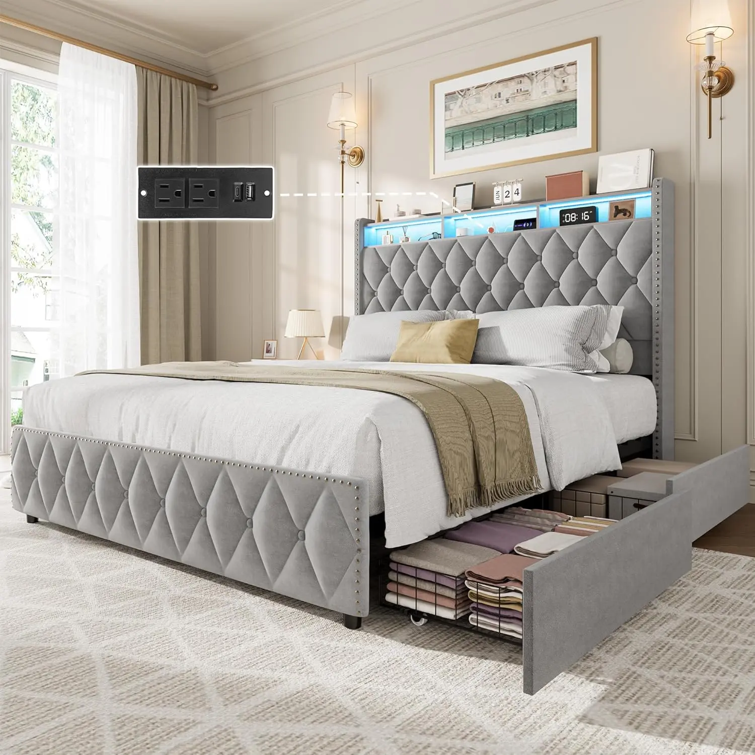 【Christmas Gift】Queen Bed Frame with 51inch Tall Headboard Platform Velvet Upholstered Bed Frame with 4 Storage Drawers USB Charging Station Led Lights No Box Spring Needed Easy Assembly Grey