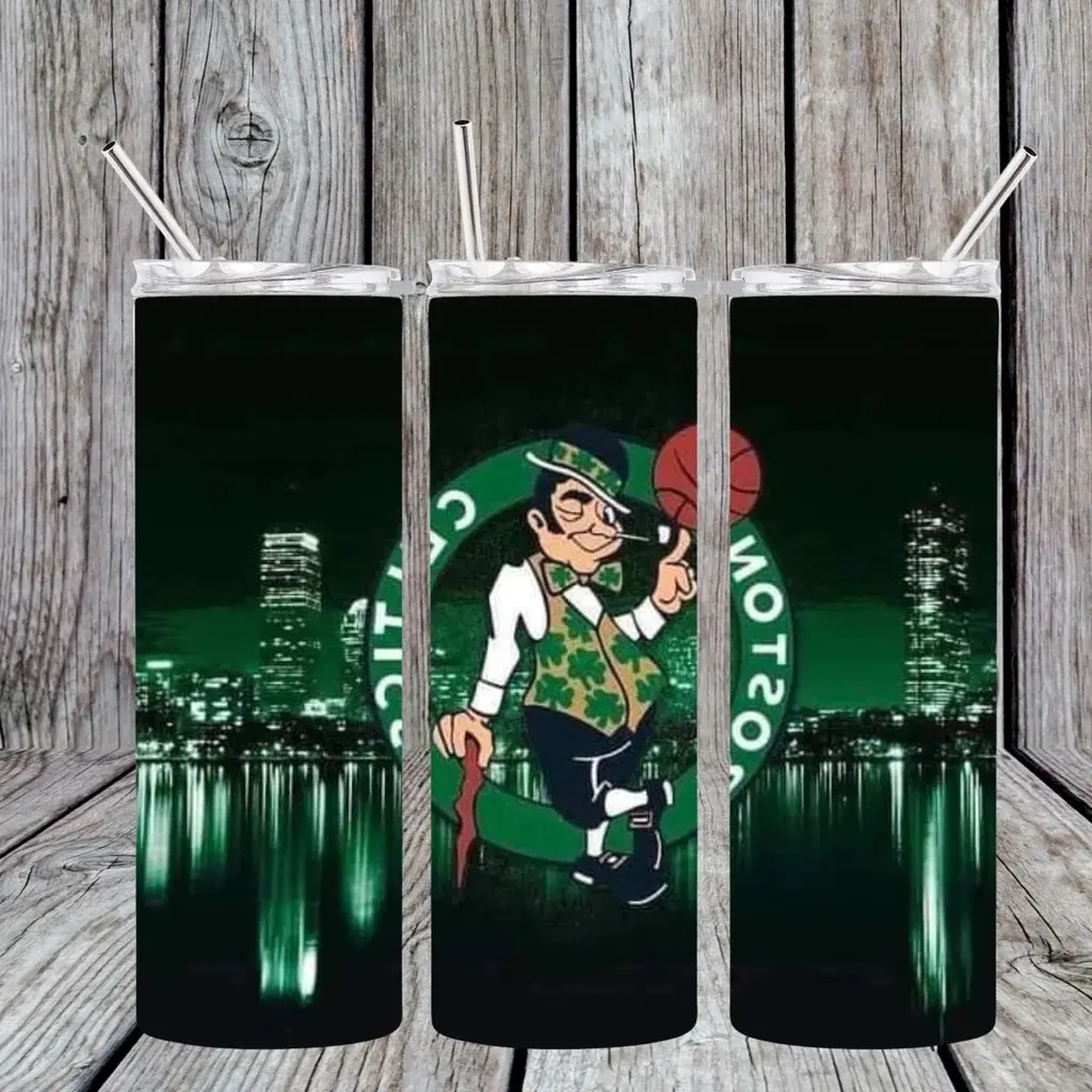 Boston Celtics, NBA Champion Tumbler mug with city background, coffee , tea ,water, mixed drinks.