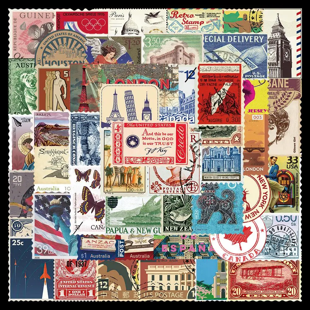 Vintage Travel Postage Stamp Sticker, 50pcs/set Creative Design Stamp Sticker, Decorative Sticker for Stationery & Computer & Water Bottle