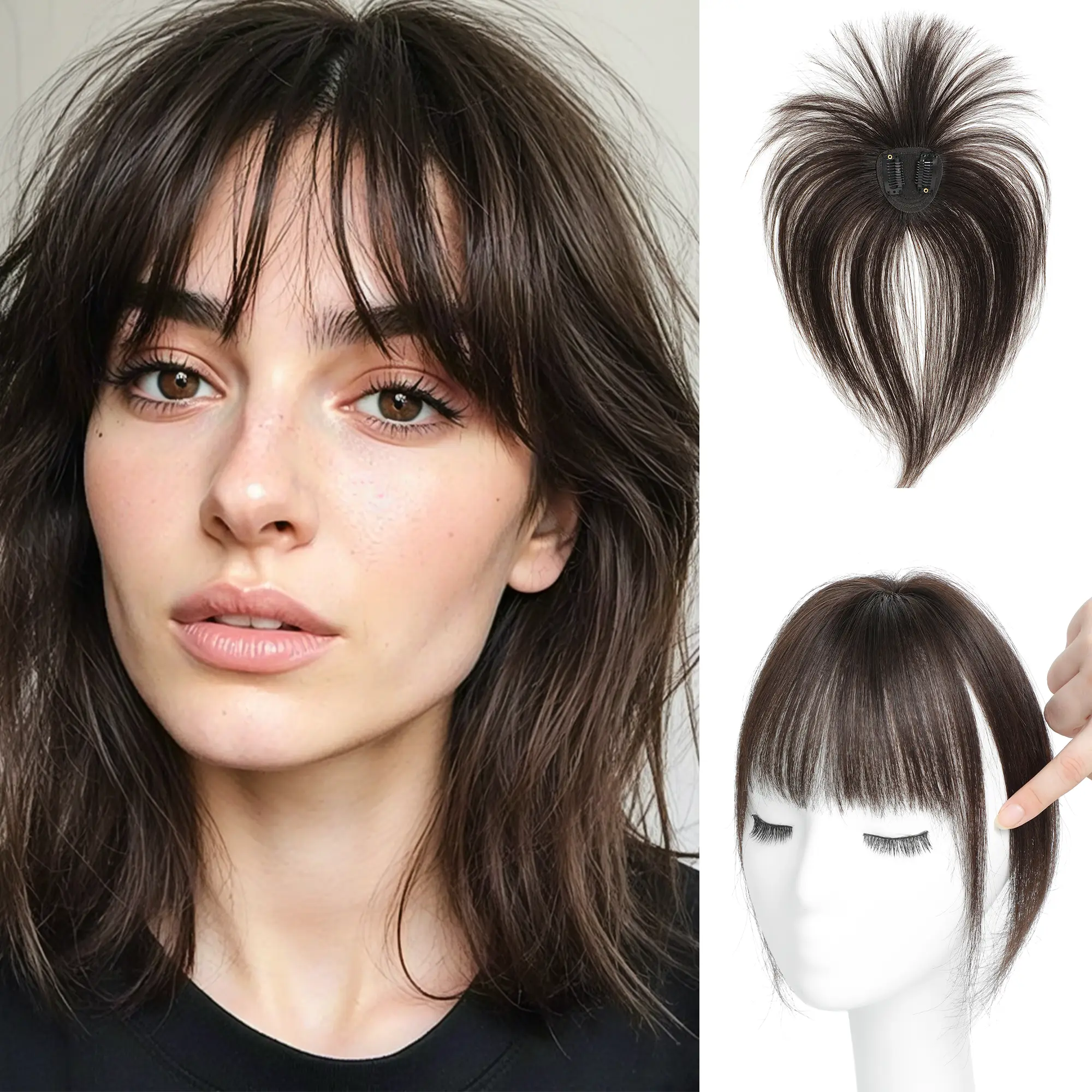 100% Real Human Hair Toppers with Bangs Clip On Fringe Extensions Natural Black Straight for Women Daily Wear Lightweight Comfortable Easy Styling