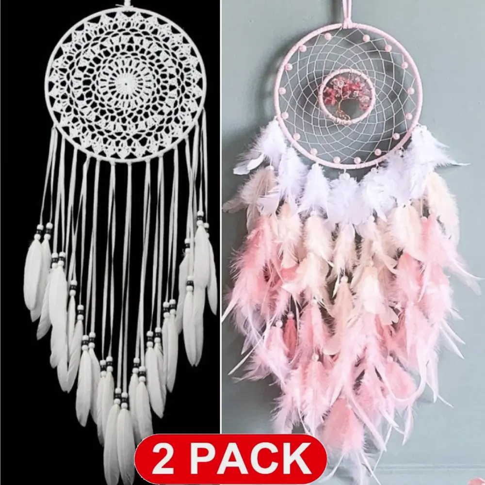 2pcs Pink + White Tree of Life Dream Catcher Handmade Feather Dream Catchers Wall Hanging Ornaments for Bedroom Home Decor Blessing Christmas Thanksgiving Gift Wedding Party