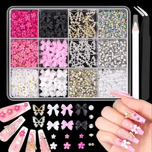 3D Nail Glitter Charms, Bow and Faux Pearl Decor Nail Art Charms Set, Cute Charms for Nail Art Decoration, DIY Handicrafts for Women & Girls, Summer Gift