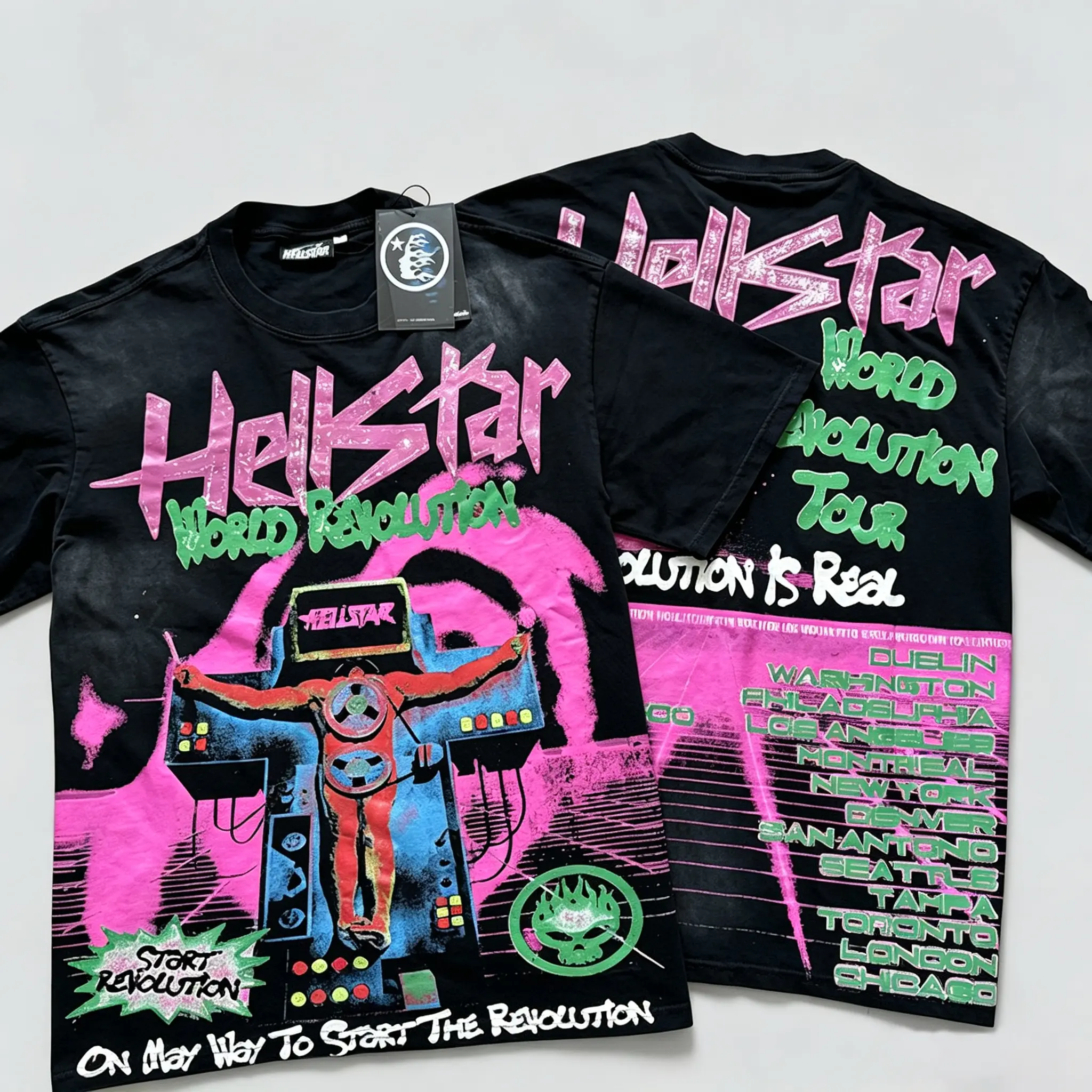 2026 HELLSTAR World Revolution Tour T-Shirt Washed Black Acid Wash Graphic Tee Vintage Streetwear Oversized Rap Tee Unisex