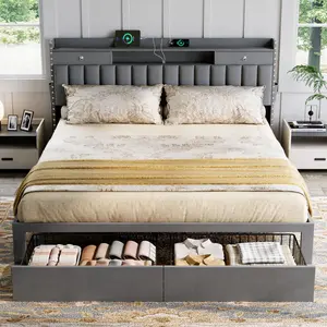 TryLazy Bed frame for Queen Bed Frame with Headboard&Charing Station,NO MATTRESS, Luxury Upholstered Bed Frame with Storage, 2 Drawers & Shelf on Headboard, NO Noise, KING, FULL,  Mother's Day Gifts [NewYearNewMe]