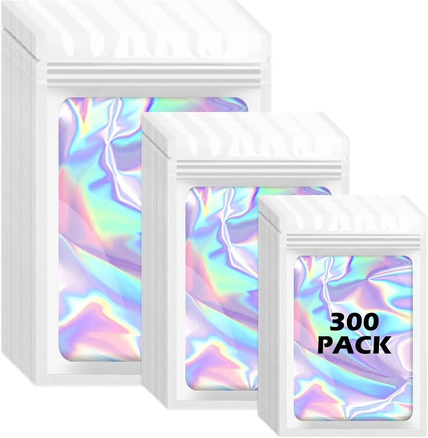 300Pcs White Holographic Mylar Bags with Window, 3 Sizes Smell Proof Resealable Foil Pouches, Heat Sealable Storage Bags for Small Business, Snacks, Jewelry & Samples