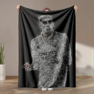 1 piece Real Madrid players wearing sponsored jerseys dynamic line art photo themed flannel blanket - Modern-style flannel blanket, suitable for sofas and beds, all-season use, super soft and comfortable, digital printing, 100% polyester material